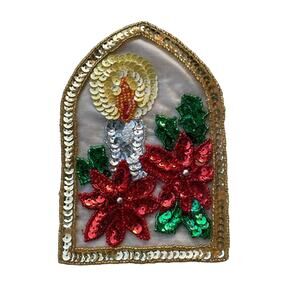 Vintage Christmas Embellishment Sequin Patch Candle Poinsetta